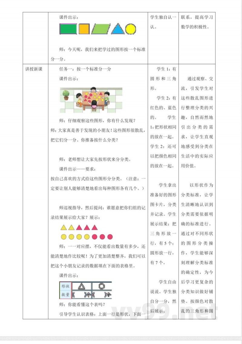 西师大版数学一年级下册《5.1 图形分类》教学设计