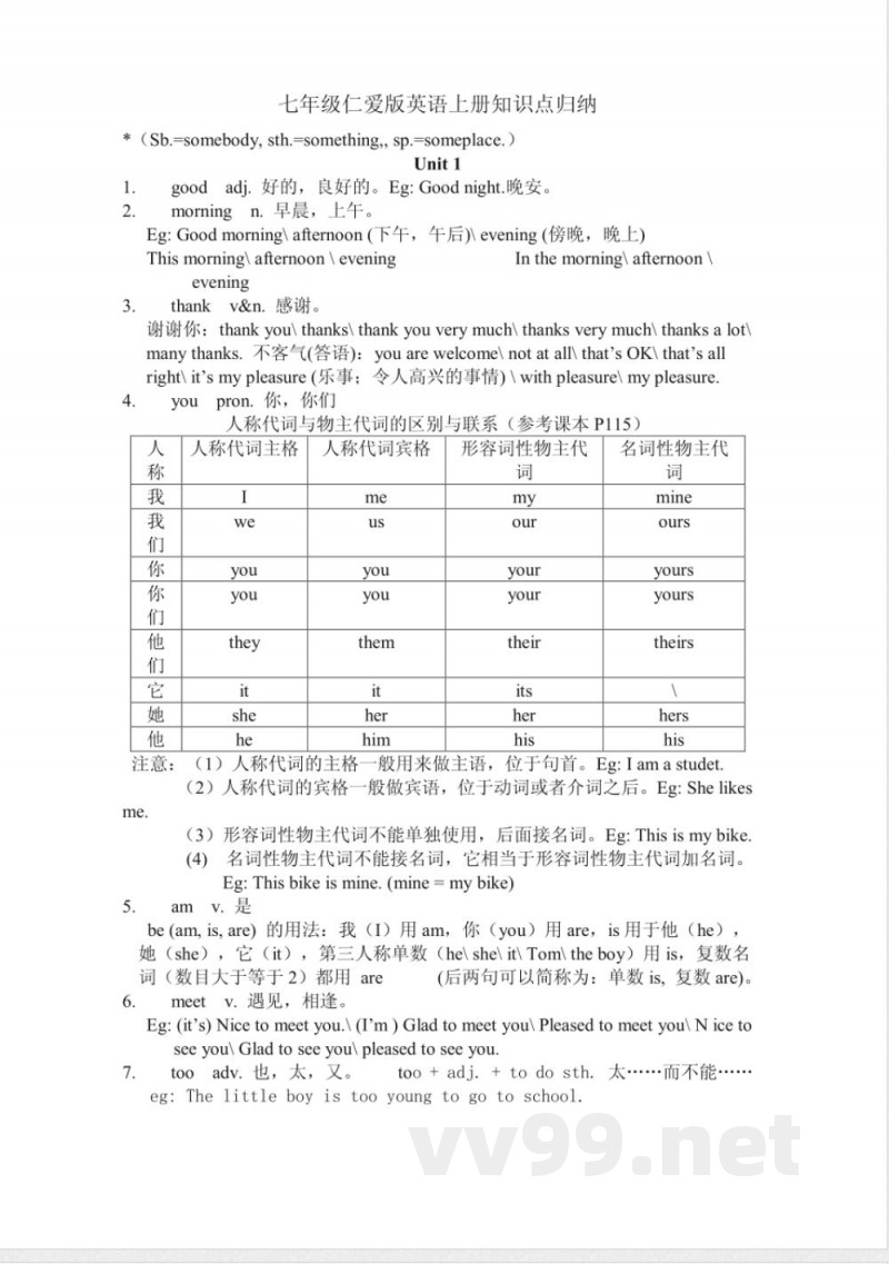 仁爱版七年级英语上册知识点归纳