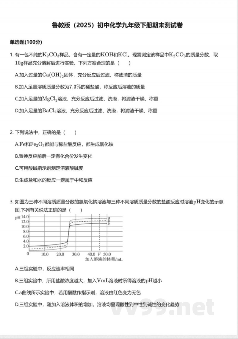 鲁教版（2025）初中化学九年级下册期末测试卷