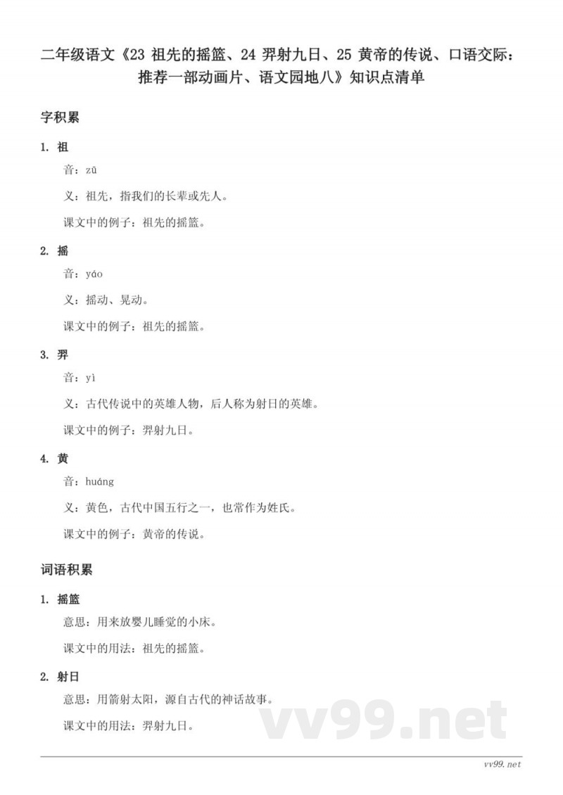 二年级语文统编版下册《23 祖先的摇篮、24 羿射九日、25 黄帝的传说、口语交际:推荐一部动画片、语文园地八》知识点清单 二年级语文统编版下册《23 祖先的摇篮、24 羿射九日、25 黄帝的传说、口语交际:推荐一部动画片、语文园地八》知识点清单