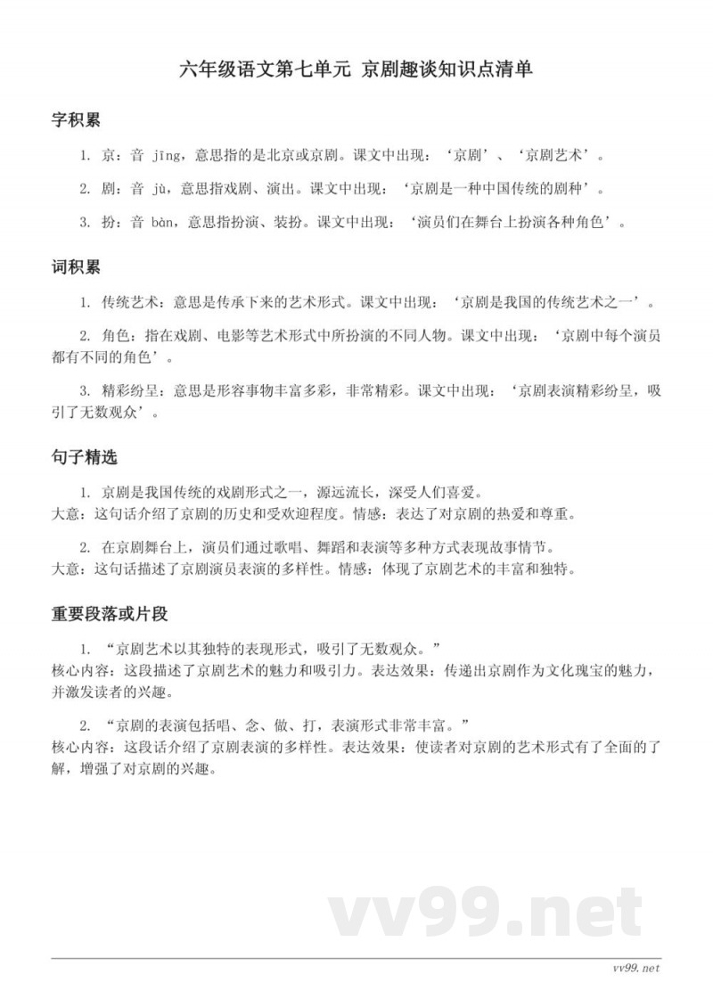 统编版六年级语文第七单元 京剧趣谈知识点清单 统编版六年级语文第七单元 京剧趣谈知识点清单
