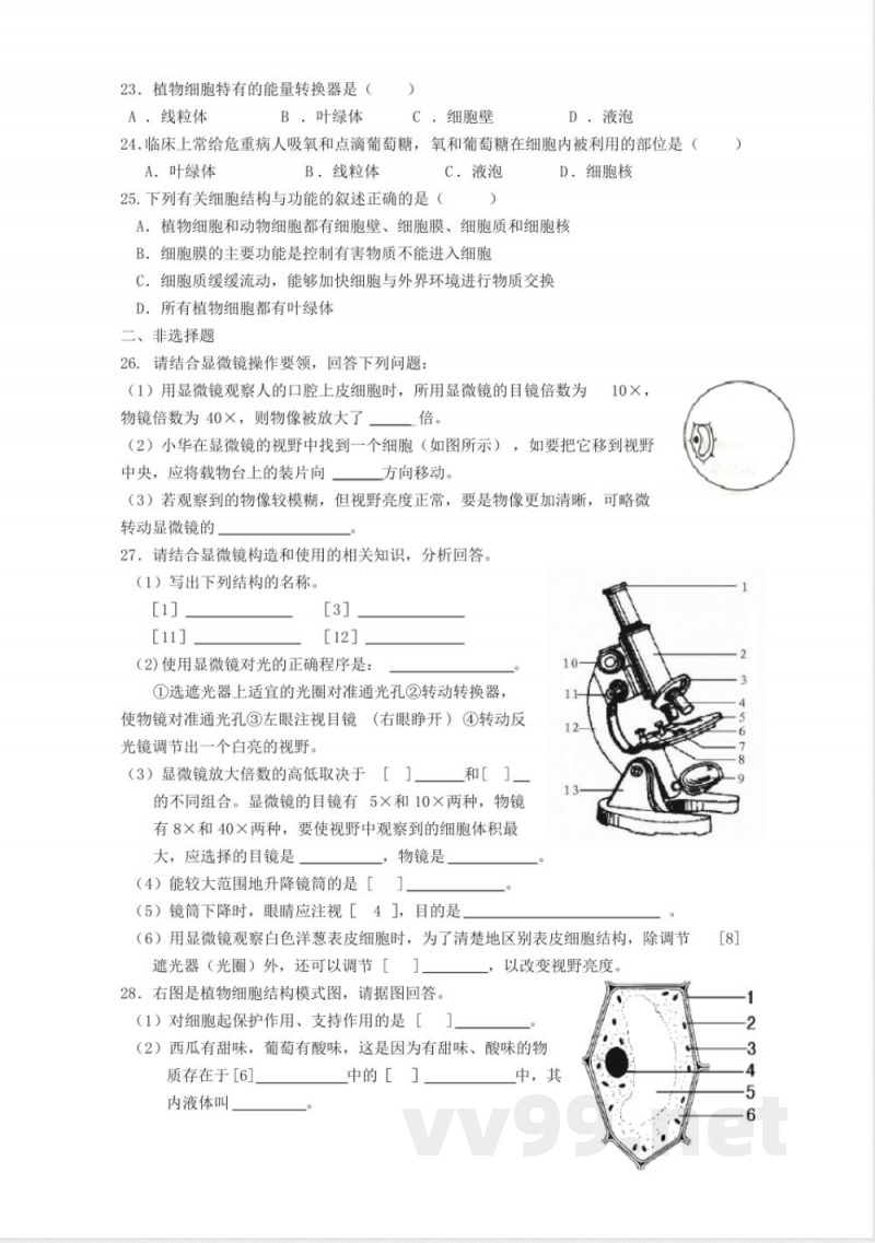 七年级生物上册单元测试(二) 七年级生物上册单元测试(二)