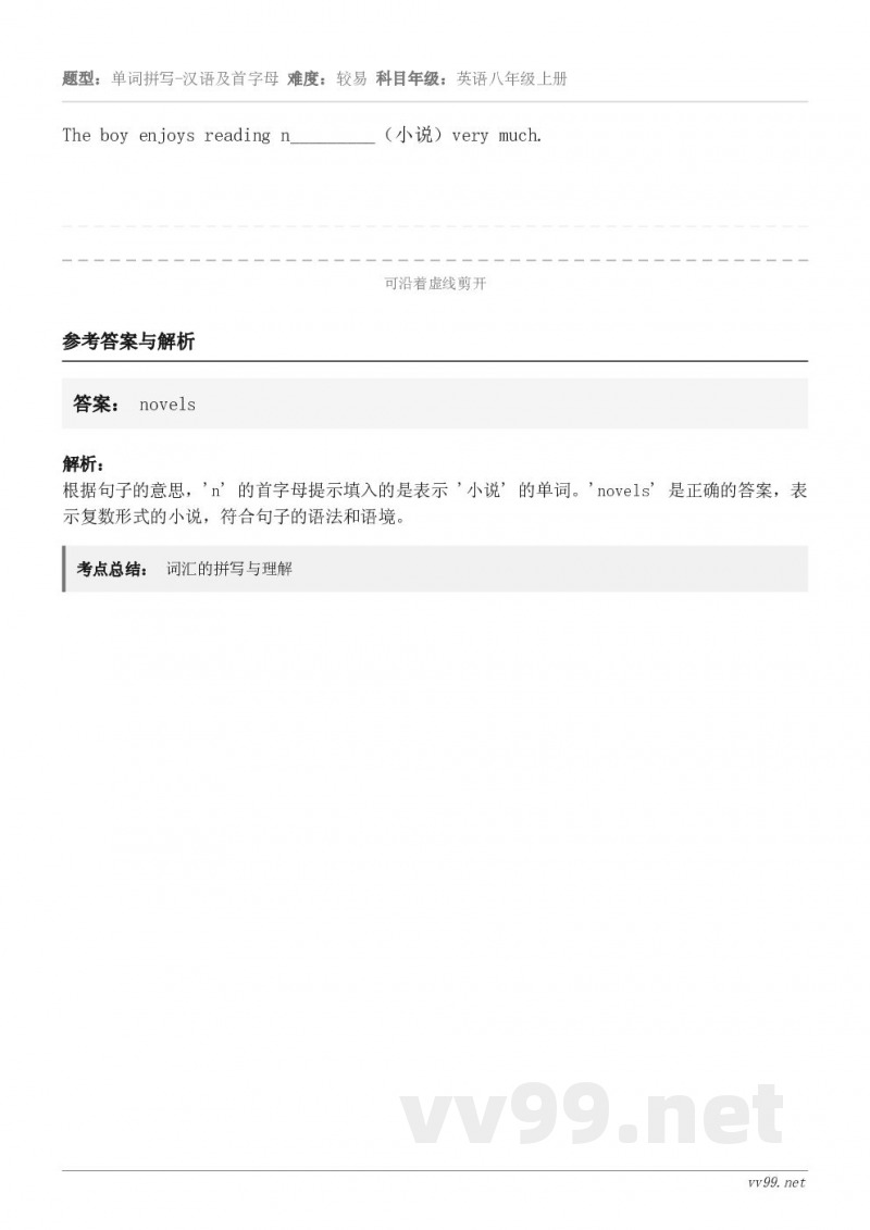 The boy enjoys reading n_________（小说）very much.