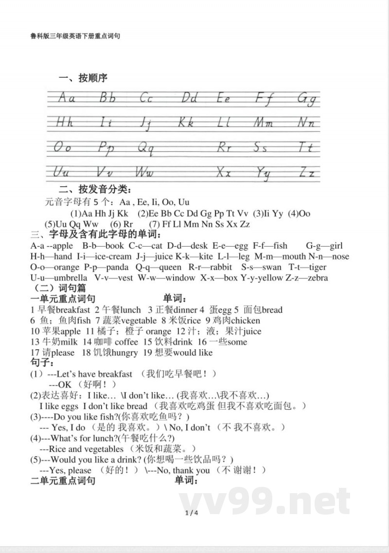 鲁科版三年级英语下册重点词句