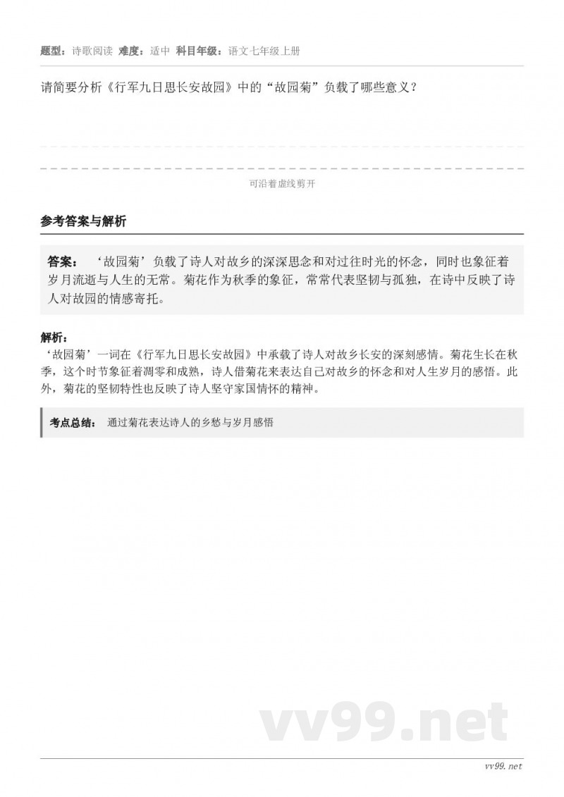 请简要分析《行军九日思长安故园》中的“故园菊”负载了哪些意义？