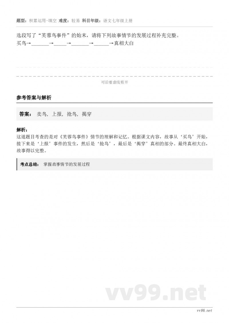 选段写了“芙蓉鸟事件”的始末，请将下列故事情节的发展过程补充完整。买鸟→_______→_____→_____...