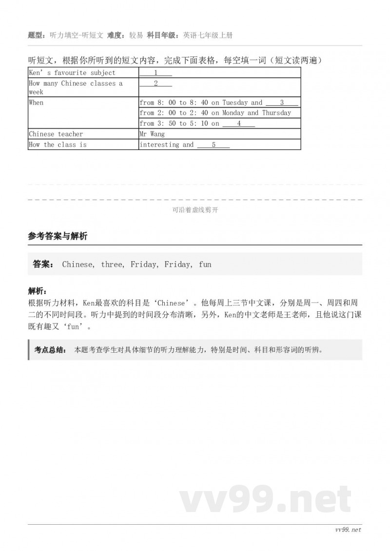 听短文,根据你所听到的短文内容,完成下面表格,每空填一词(短文读两遍) Ken’s favourite sub... 听短文,根据你所听到的短文内容,完成下面表格,每空填一词(短文读两遍) Ken’s favourite sub...