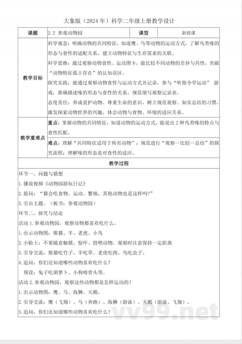 2.2 参观动物园（教学设计）科学大象版二年级上册2025
