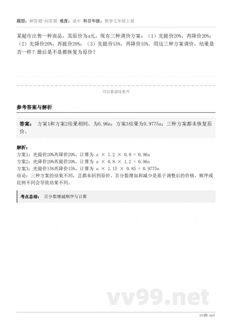 某超市出售一种商品，其原价为a元，现有三种调价方案：（1）先提价20%，再降价20%；（2）先降价20%，再提...