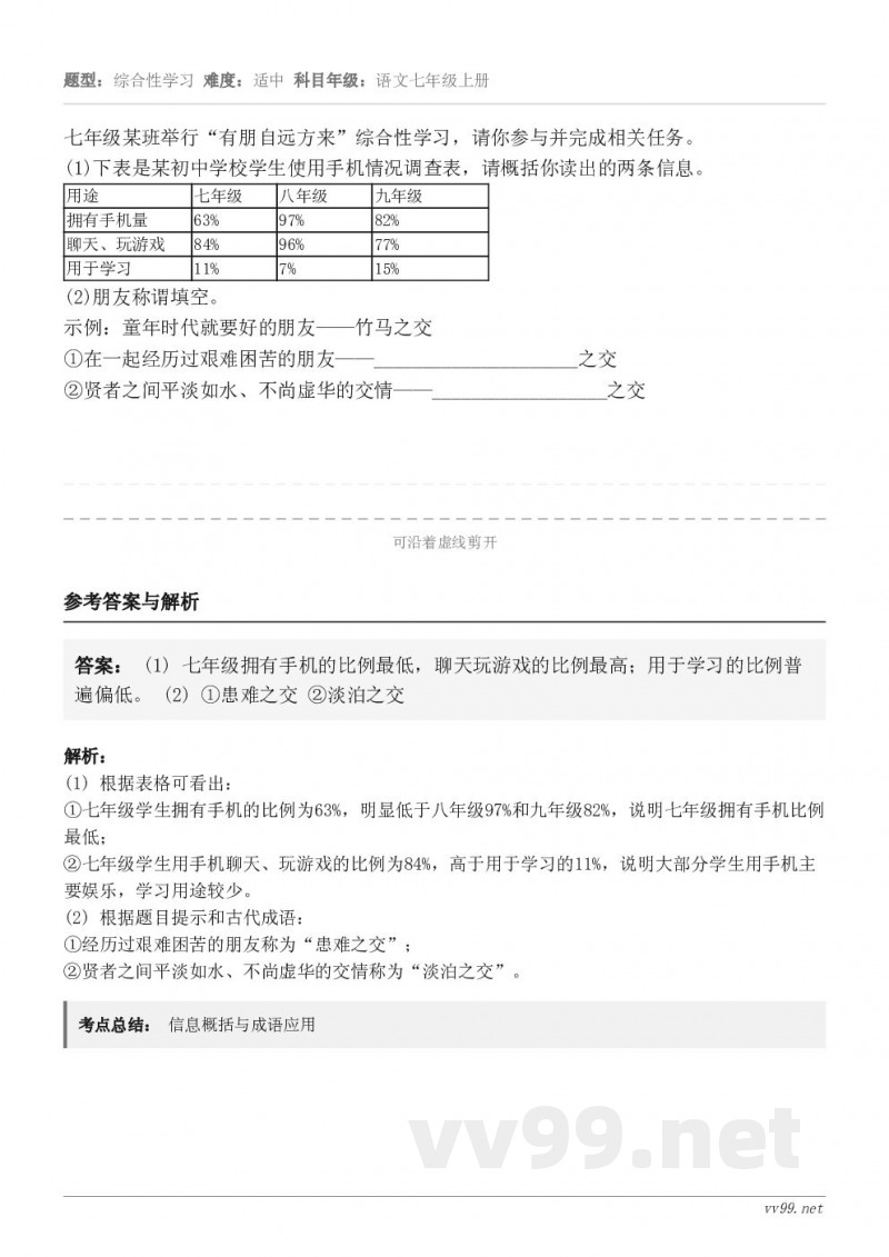七年级某班举行“有朋自远方来”综合性学习,请你参与并完成相关任务。(1)下表是某初中学校学生使用手机情况调查表... 七年级某班举行“有朋自远方来”综合性学习,请你参与并完成相关任务。(1)下表是某初中学校学生使用手机情况调查表...