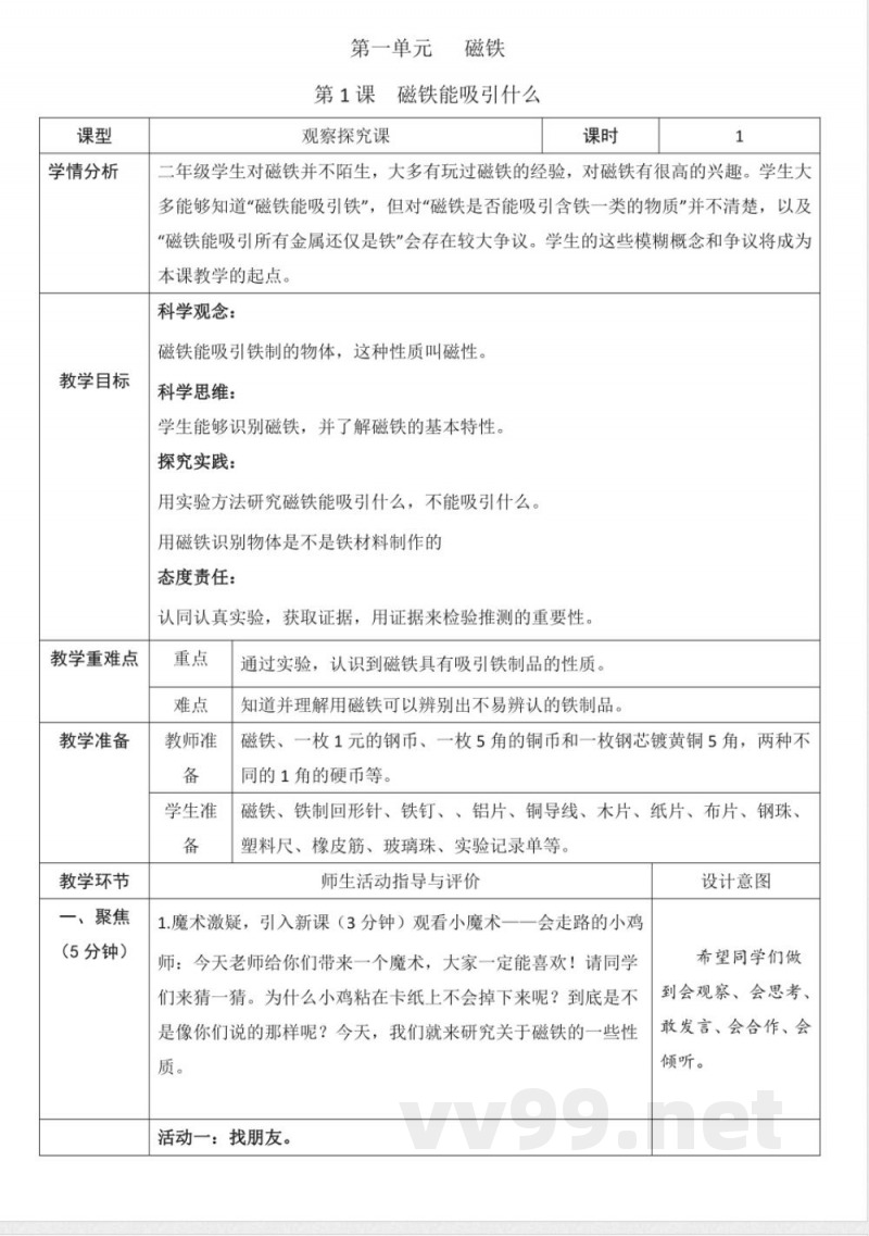 第一单元 磁铁 单元教学设计 2025教科版科学一年级下册 第一单元 磁铁 单元教学设计 2025教科版科学一年级下册