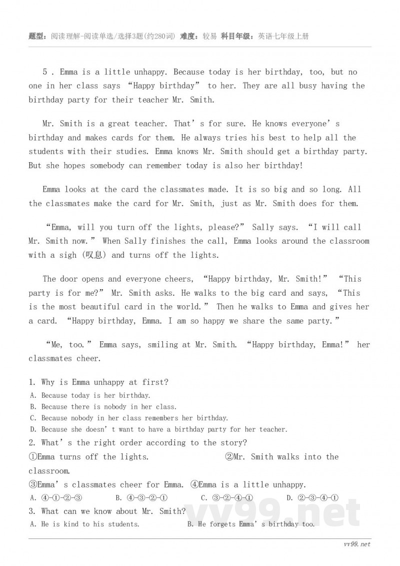 5 . Emma is a little unhappy. Because today is her birt...