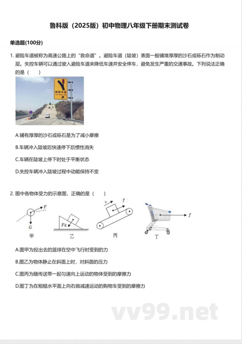 鲁科版（2025版）初中物理八年级下册期末测试卷