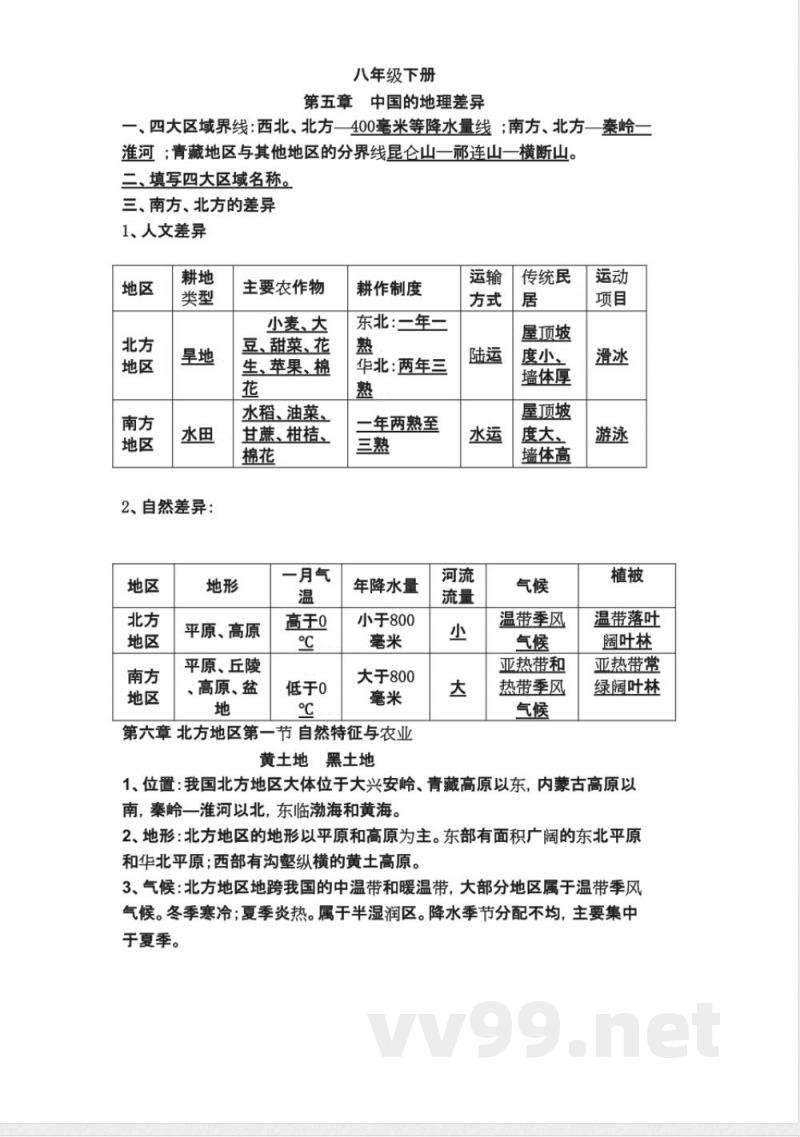 八年级地理下册知识点填空