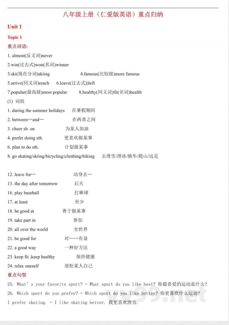 仁爱版八年级上册英语知识点总结