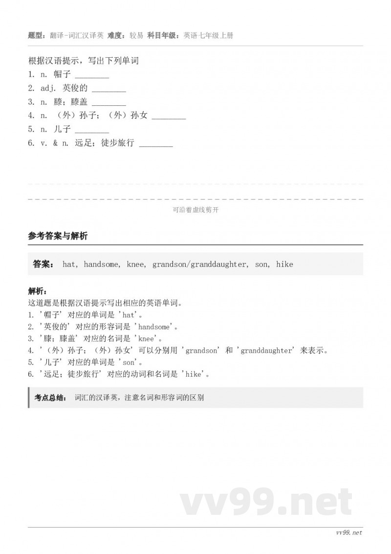 根据汉语提示,写出下列单词1. n. 帽子 ________2. adj. 英俊的 ________3. n.... 根据汉语提示,写出下列单词1. n. 帽子 ________2. adj. 英俊的 ________3. n....