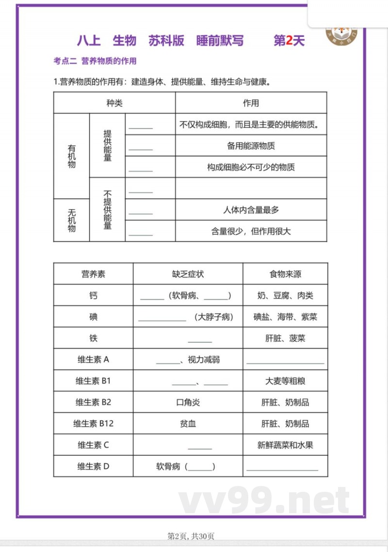 【25新苏科版】八年级上册生物早读晚默(空 【25新苏科版】八年级上册生物早读晚默(空