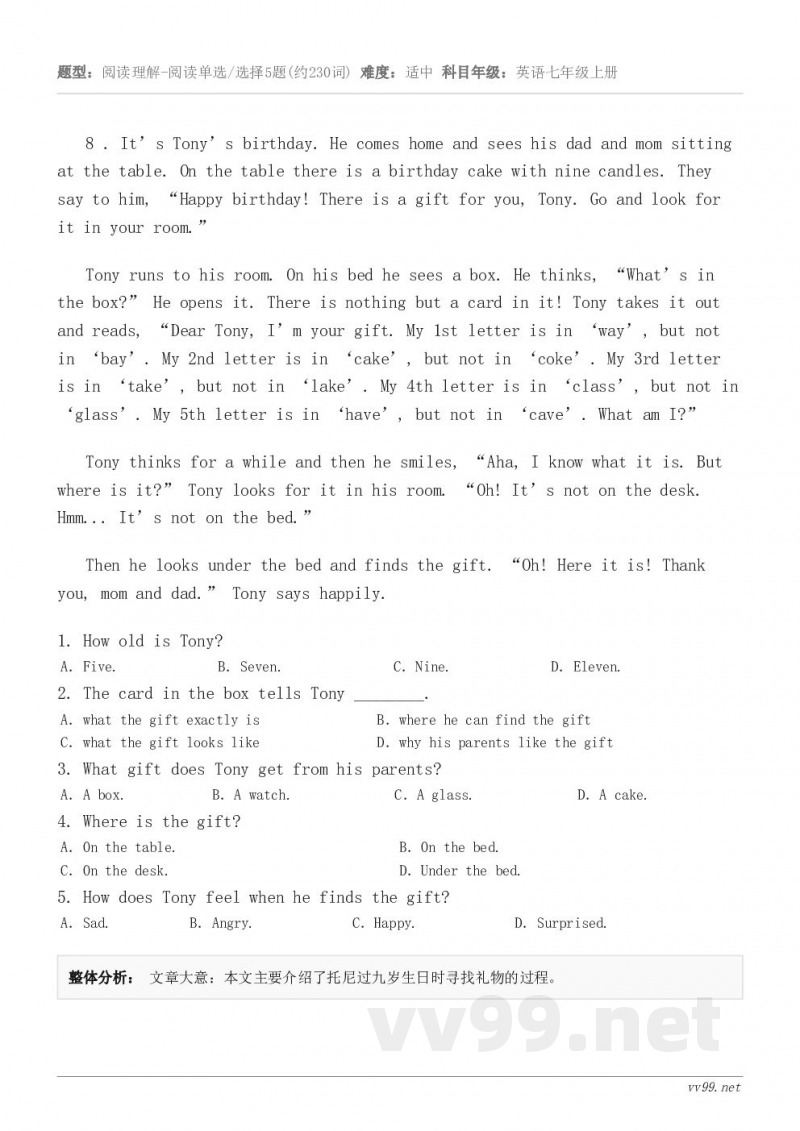 8 . It’s Tony’s birthday. He comes home and sees his da...