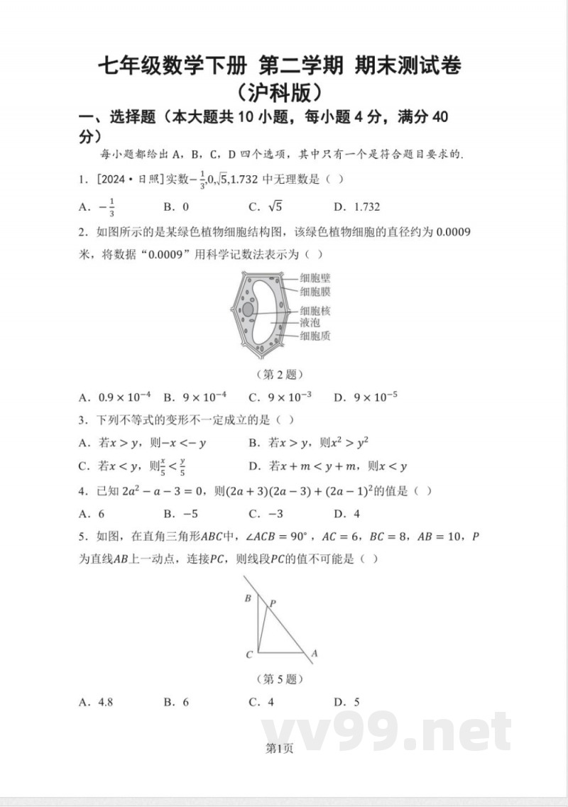 七年级数学下册 第二学期 期末测试卷（沪科版 ）