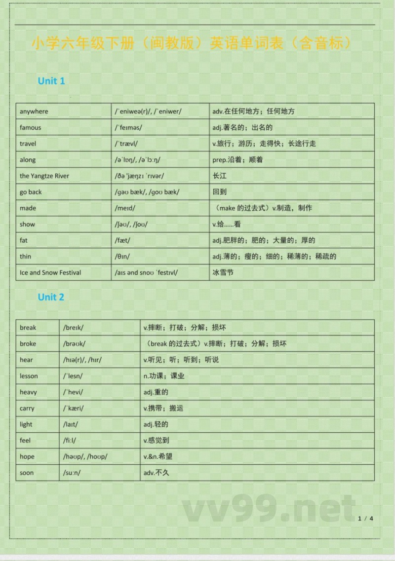 小学六年级下册(闽教版)英语单词表(含音标)