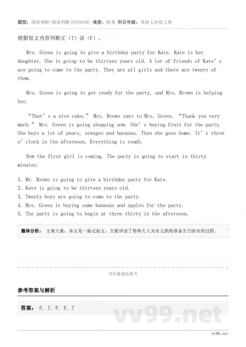 根据短文内容判断正(T)误(F)。Mrs. Green is going to give a birthday... 根据短文内容判断正(T)误(F)。Mrs. Green is going to give a birthday...