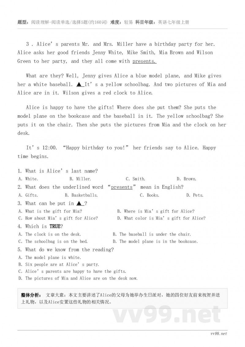 3 . Alice’s parents Mr. and Mrs. Miller have a birthday...