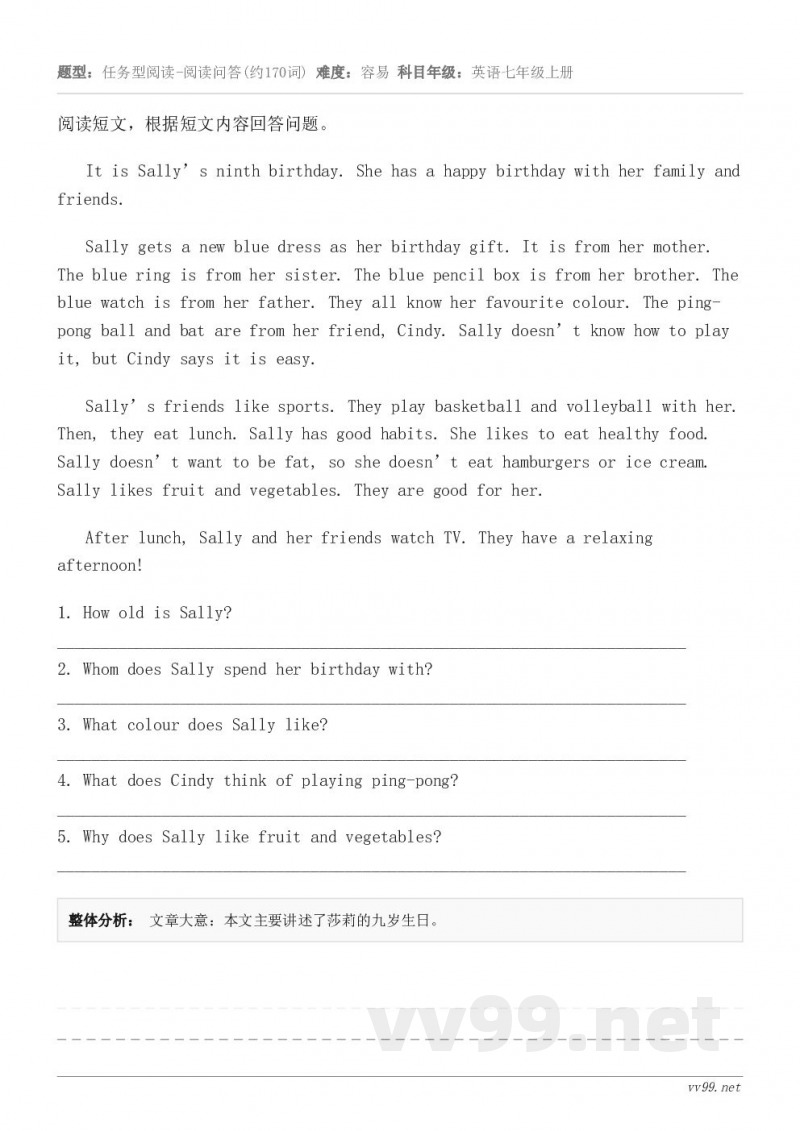 阅读短文，根据短文内容回答问题。It is Sally’s ninth birthday. She has a...