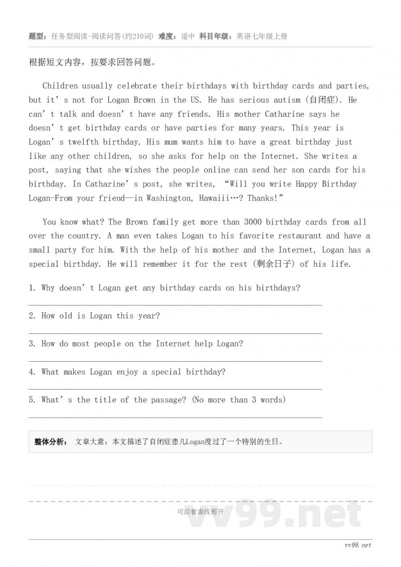 根据短文内容，按要求回答问题。Children usually celebrate their birthda...