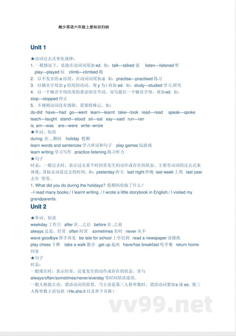 湘少英语六年级上册知识归纳