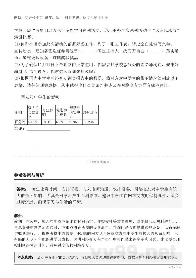 学校开展“有朋自远方来”专题学习系列活动,你班承办本次系列活动的“选友以求益”演讲比赛。(1)你和小语参加此次... 学校开展“有朋自远方来”专题学习系列活动,你班承办本次系列活动的“选友以求益”演讲比赛。(1)你和小语参加此次...