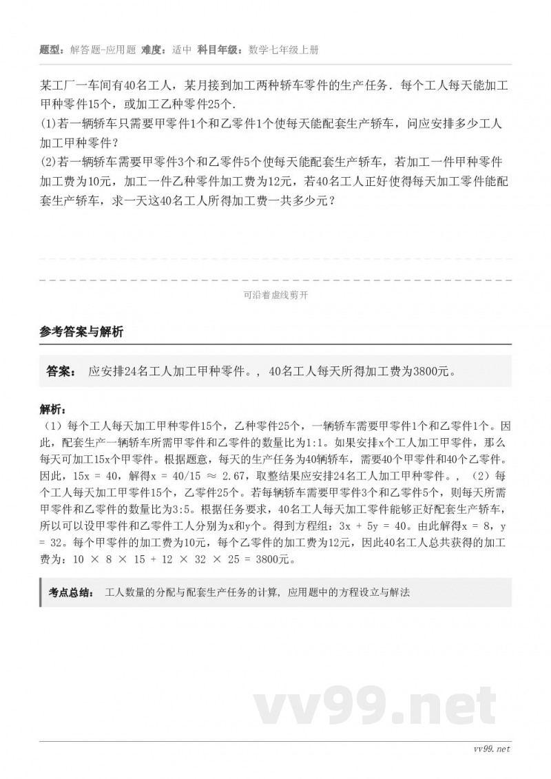 某工厂一车间有40名工人,某月接到加工两种轿车零件的生产任务.每个工人每天能加工甲种零件15个,或加工乙种零件... 某工厂一车间有40名工人,某月接到加工两种轿车零件的生产任务.每个工人每天能加工甲种零件15个,或加工乙种零件...