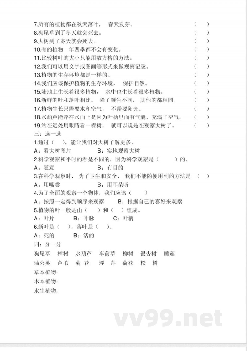 三年级上册科学练习题