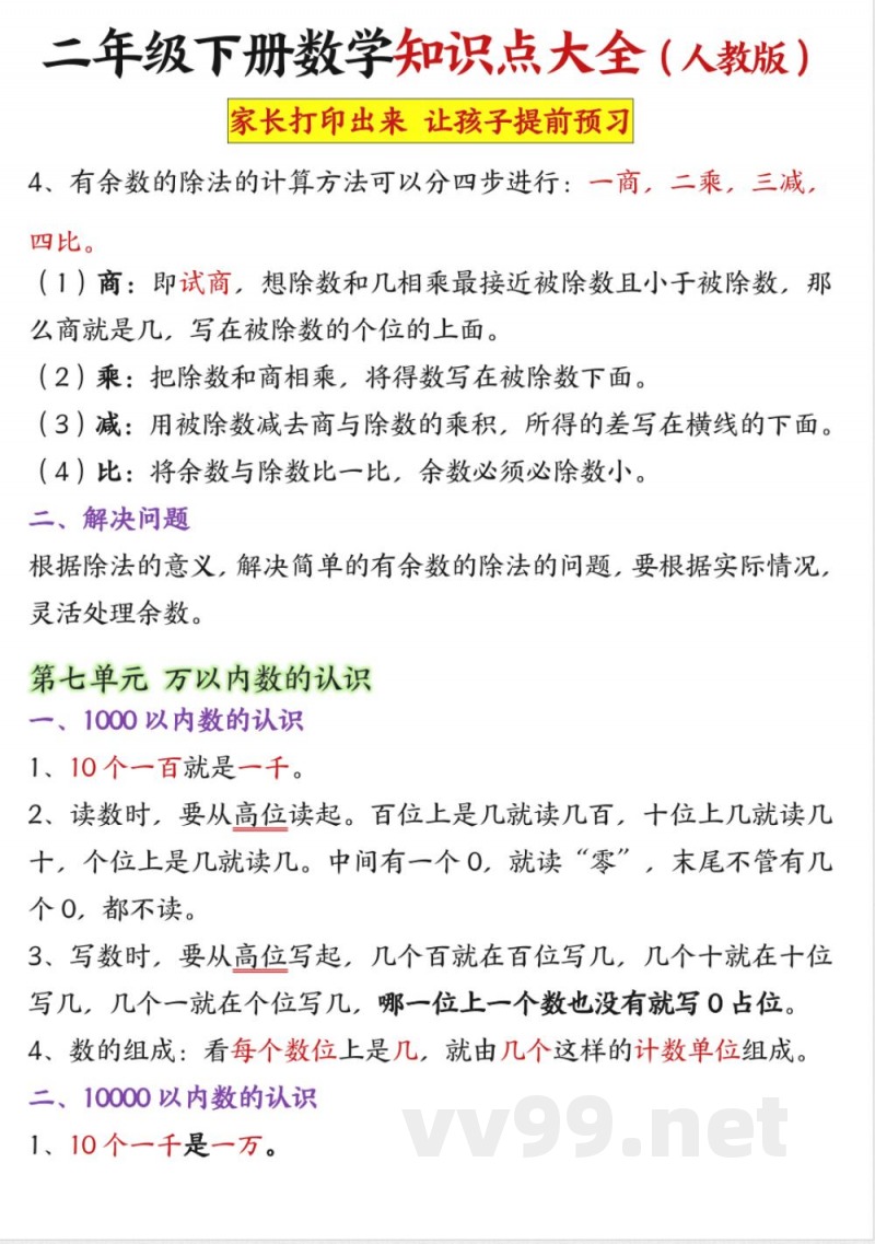 二年级下册数学知识点大全