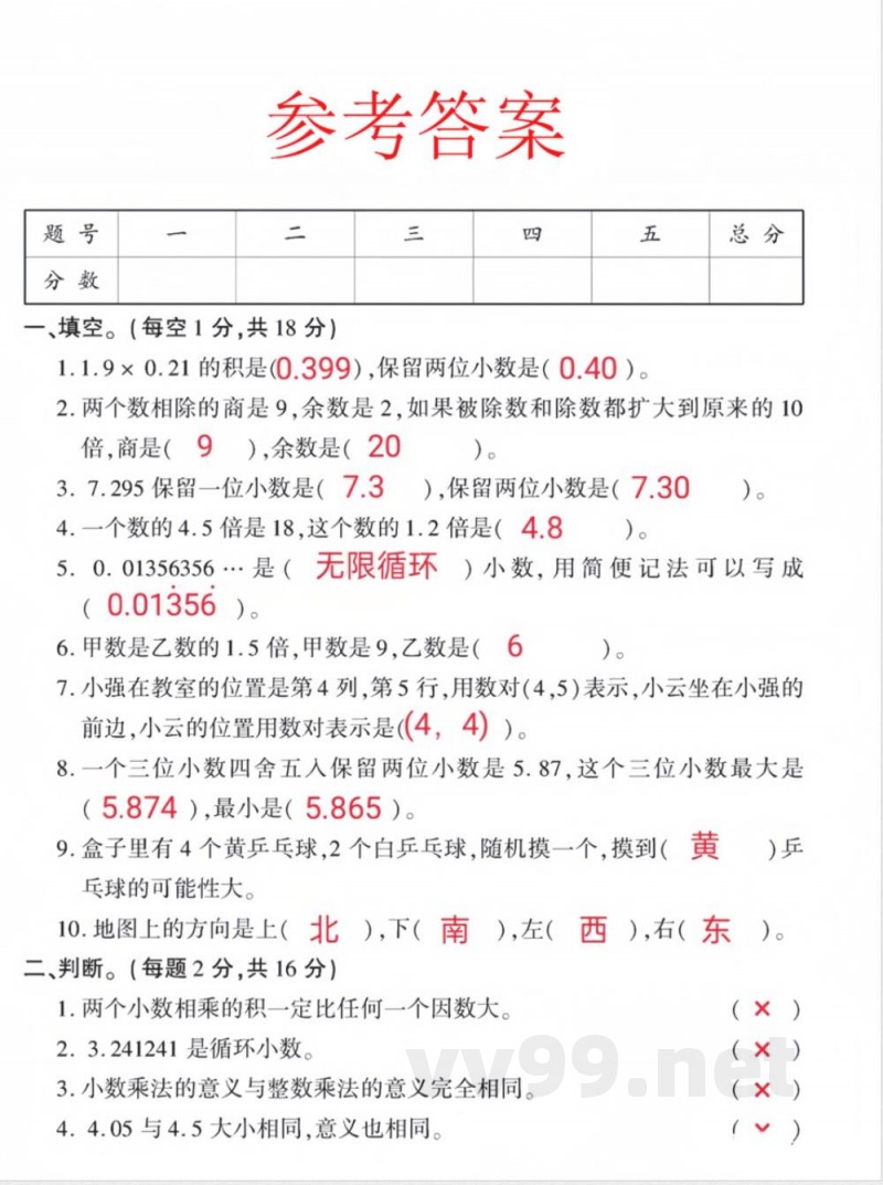 五年级上册数学人教版期中真题测试卷