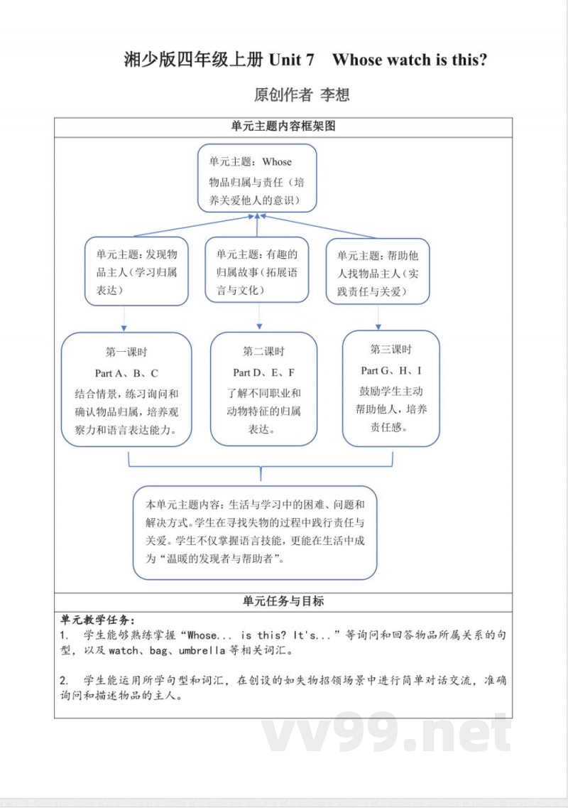 Unit 7 Whose watch is this？ （大单元教学设计）2025四年级英语上册（湘少版）