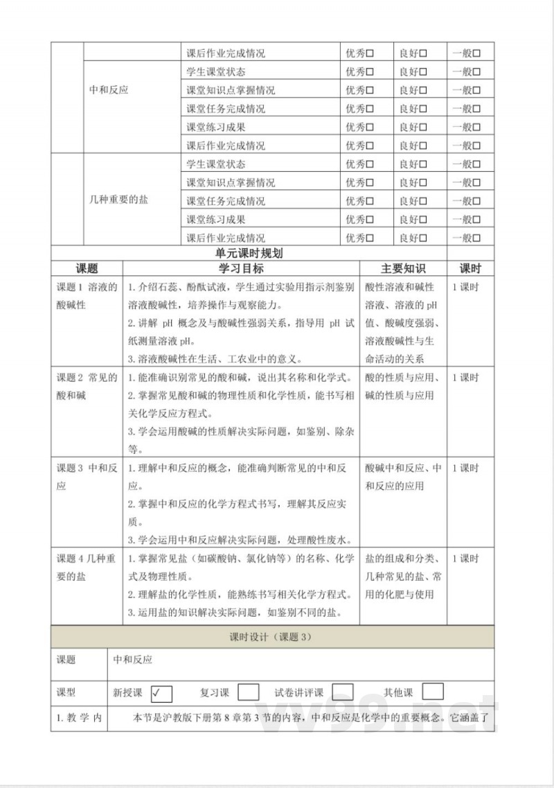8.3 中和反应 大单元教学设计 沪教版化学九年级下册