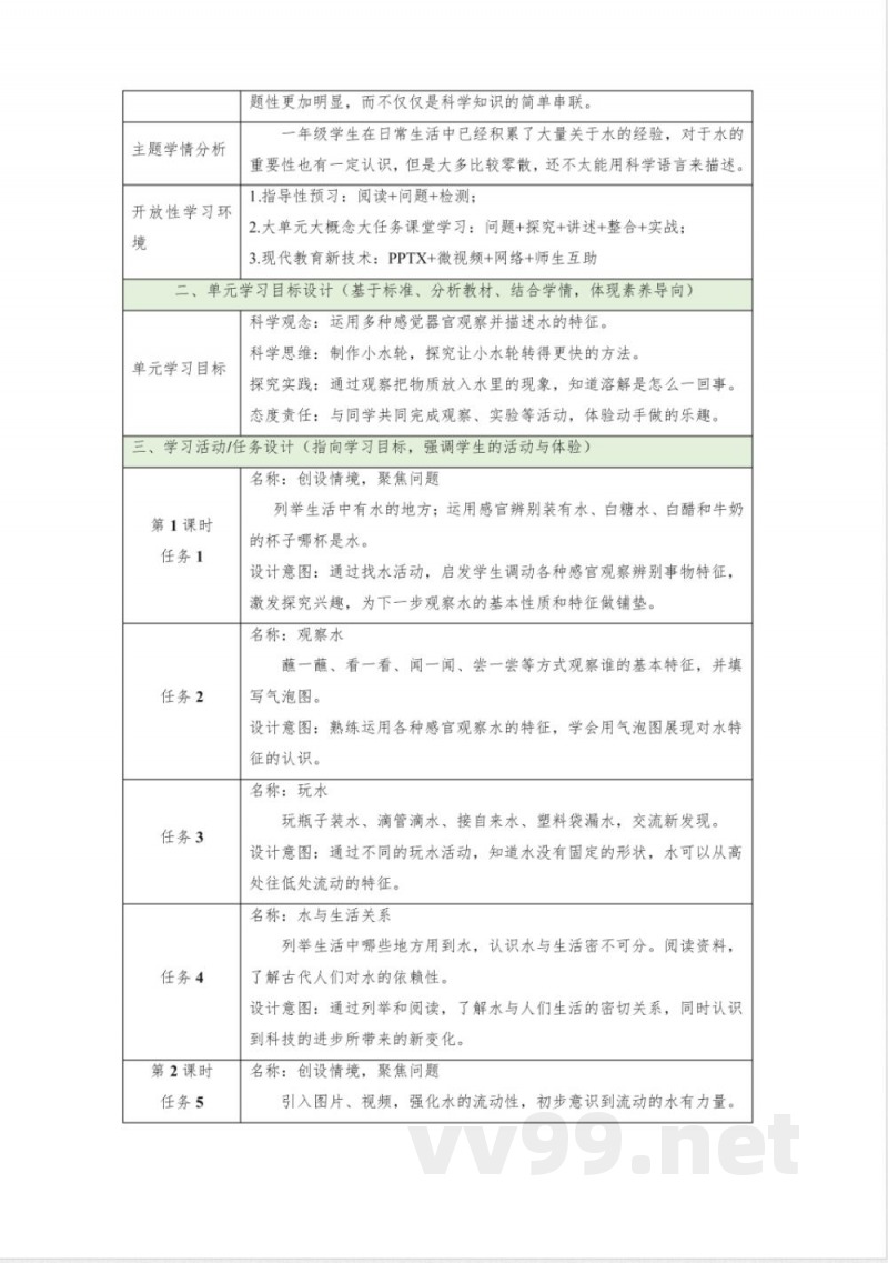 第二单元《水》整体设计 一年级下册 科学苏教版(2024)